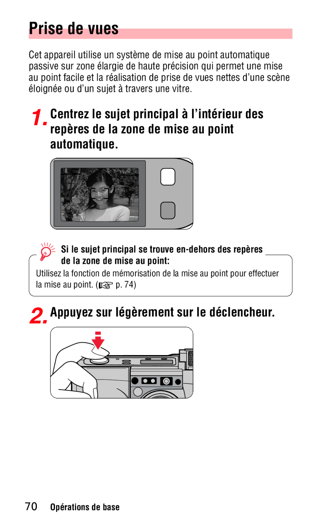 Nikon 140ED instruction manual Prise de vues, Appuyez sur légèrement sur le déclencheur 