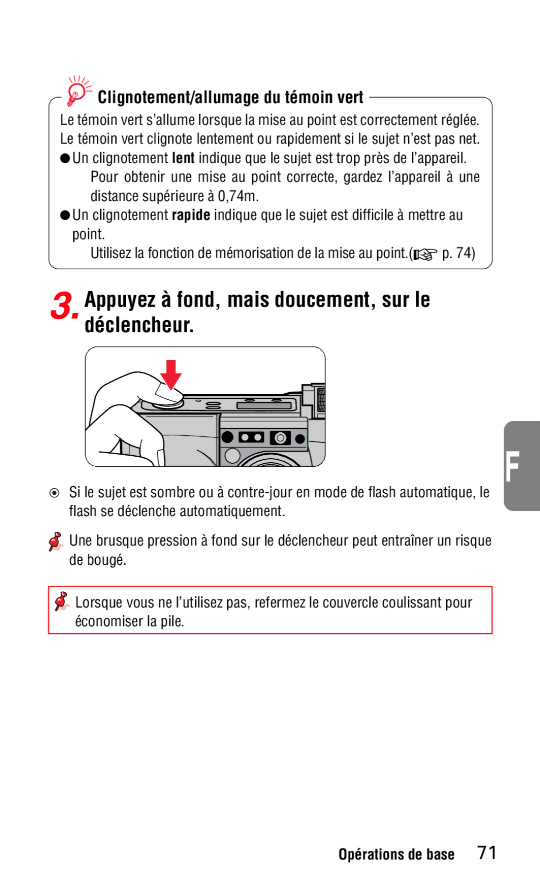 Nikon 140ED instruction manual Appuyez à fond, mais doucement, sur le déclencheur, Clignotement/allumage du témoin vert 