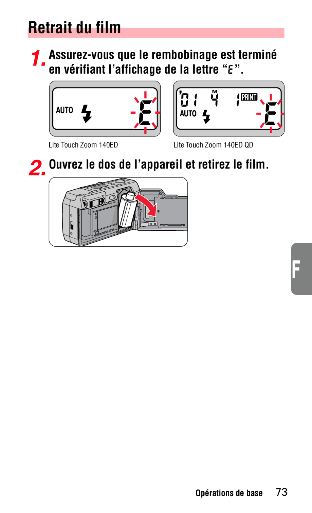 Nikon 140ED instruction manual Retrait du film, Ouvrez le dos de l’appareil et retirez le film 