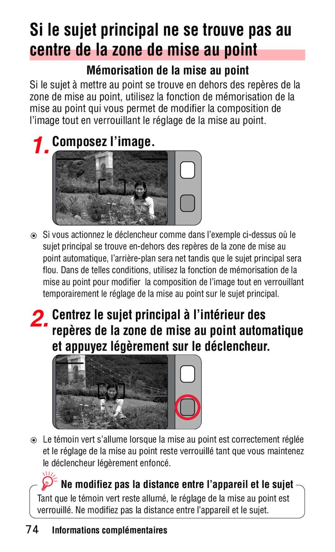 Nikon 140ED instruction manual Composez lÕimage, MŽmorisation de la mise au point 