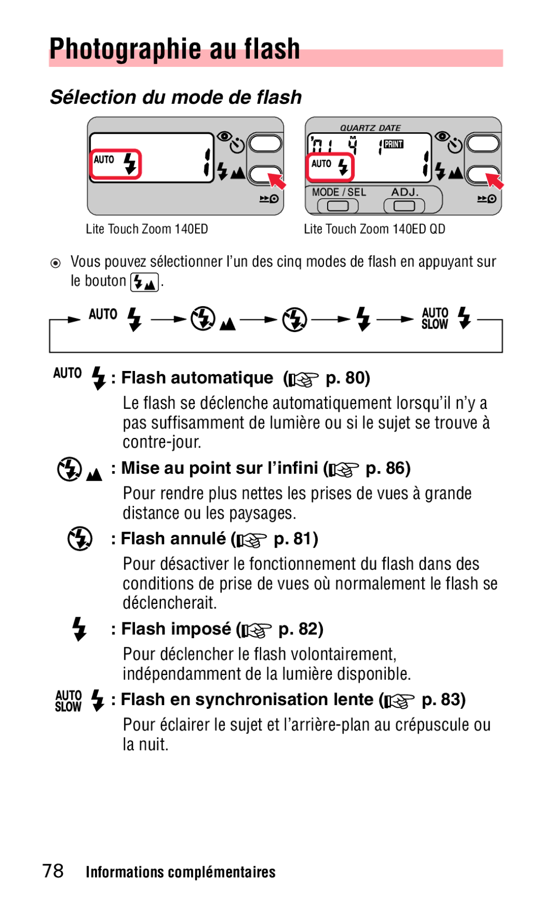 Nikon 140ED instruction manual Photographie au flash, Sélection du mode de flash 