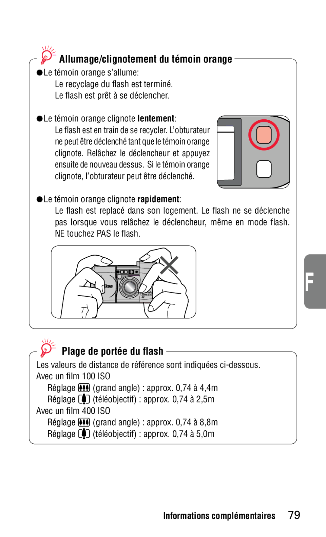 Nikon 140ED instruction manual Allumage/clignotement du tŽmoin orange, Plage de portŽe du flash, ALe tŽmoin orange sÕallume 