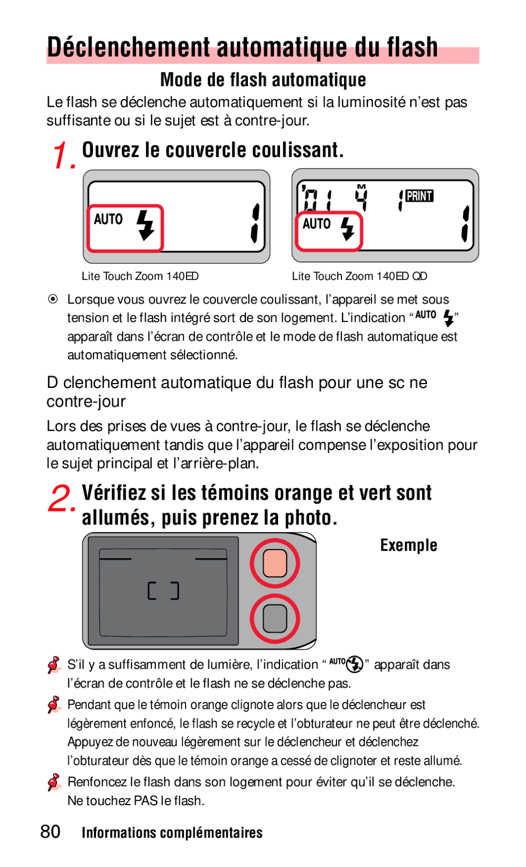 Nikon 140ED instruction manual DŽclenchement automatique du flash, Mode de flash automatique, Ne touchez PAS le flash 