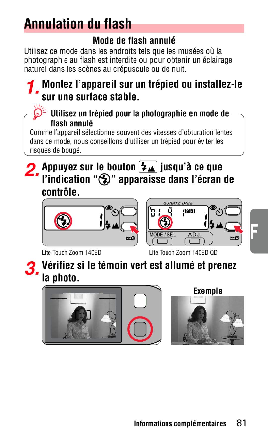 Nikon 140ED instruction manual Annulation du flash, Mode de flash annulŽ 