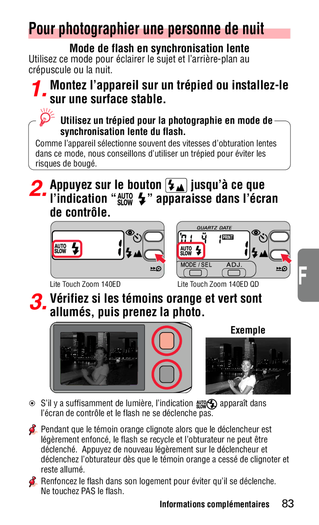 Nikon 140ED instruction manual Pour photographier une personne de nuit, Mode de flash en synchronisation lente 