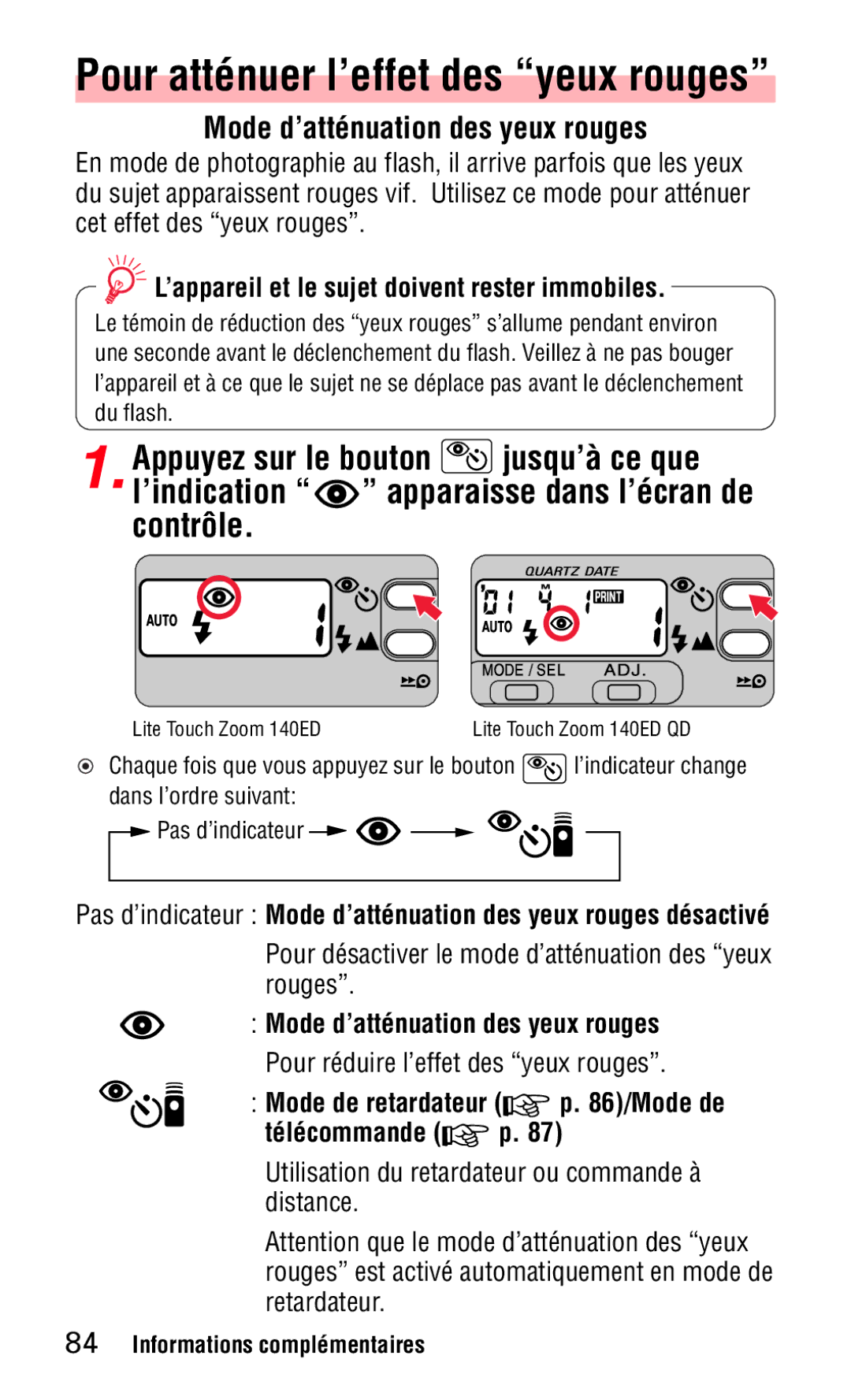 Nikon 140ED instruction manual Mode dÕattŽnuation des yeux rouges, LÕappareil et le sujet doivent rester immobiles 