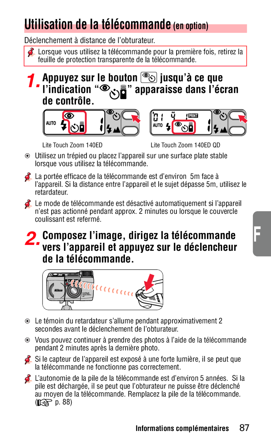 Nikon 140ED instruction manual Utilisation de la tŽlŽcommande en option, De la tŽlŽcommande 