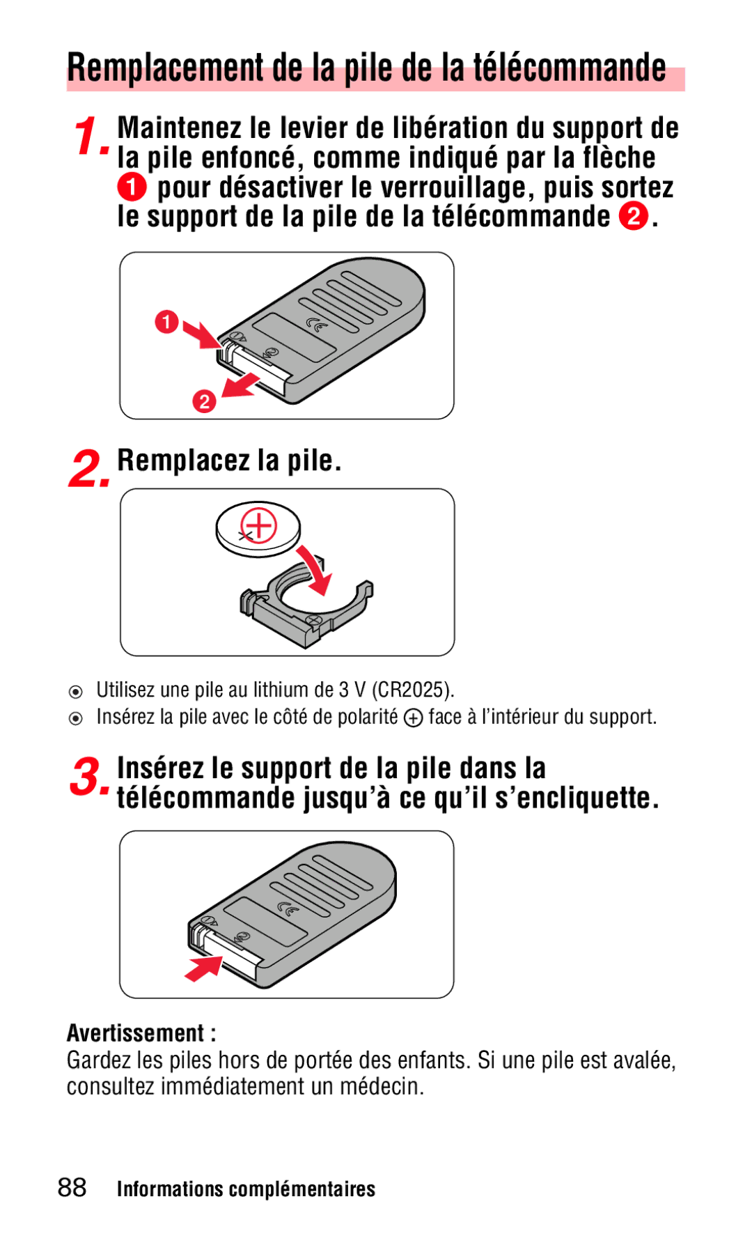 Nikon 140ED instruction manual Remplacement de la pile de la tŽlŽcommande, Remplacez la pile, Avertissement 