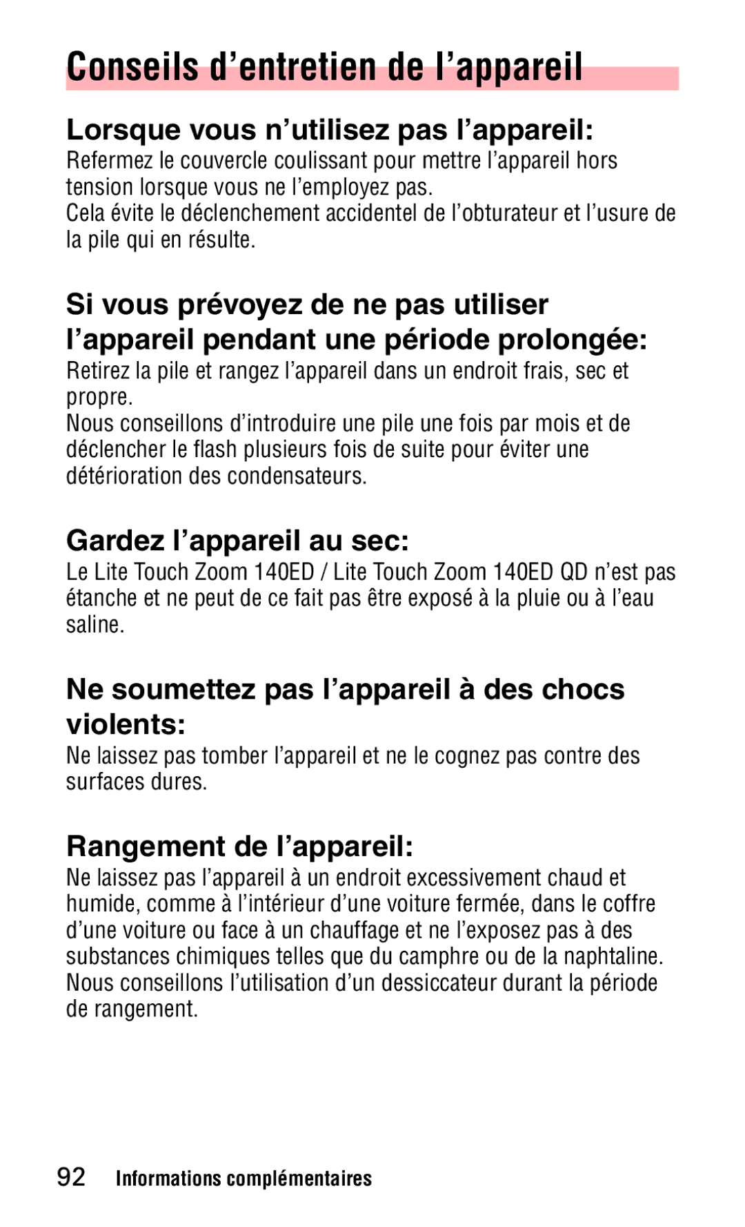 Nikon 140ED Conseils d’entretien de l’appareil, Lorsque vous n’utilisez pas l’appareil, Gardez l’appareil au sec 