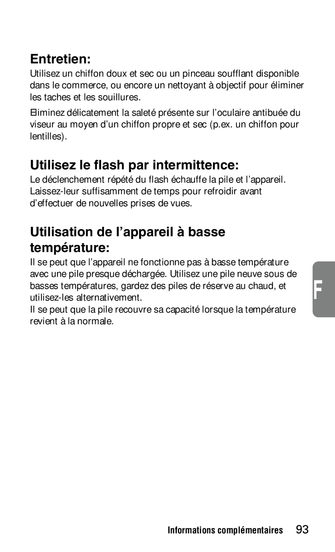 Nikon 140ED Entretien, Utilisez le flash par intermittence, Utilisation de l’appareil à basse température 