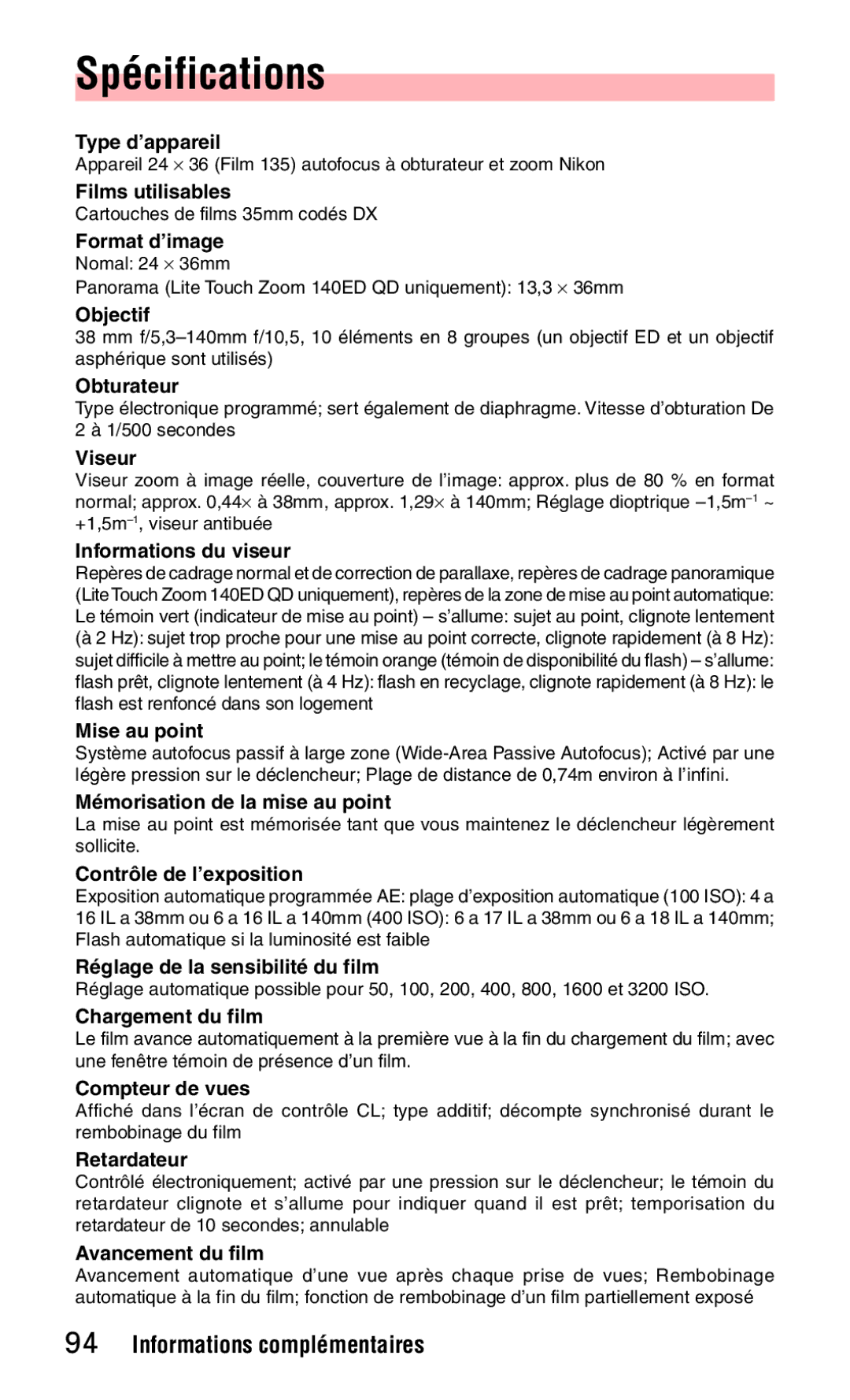 Nikon 140ED instruction manual Spécifications, Objectif 