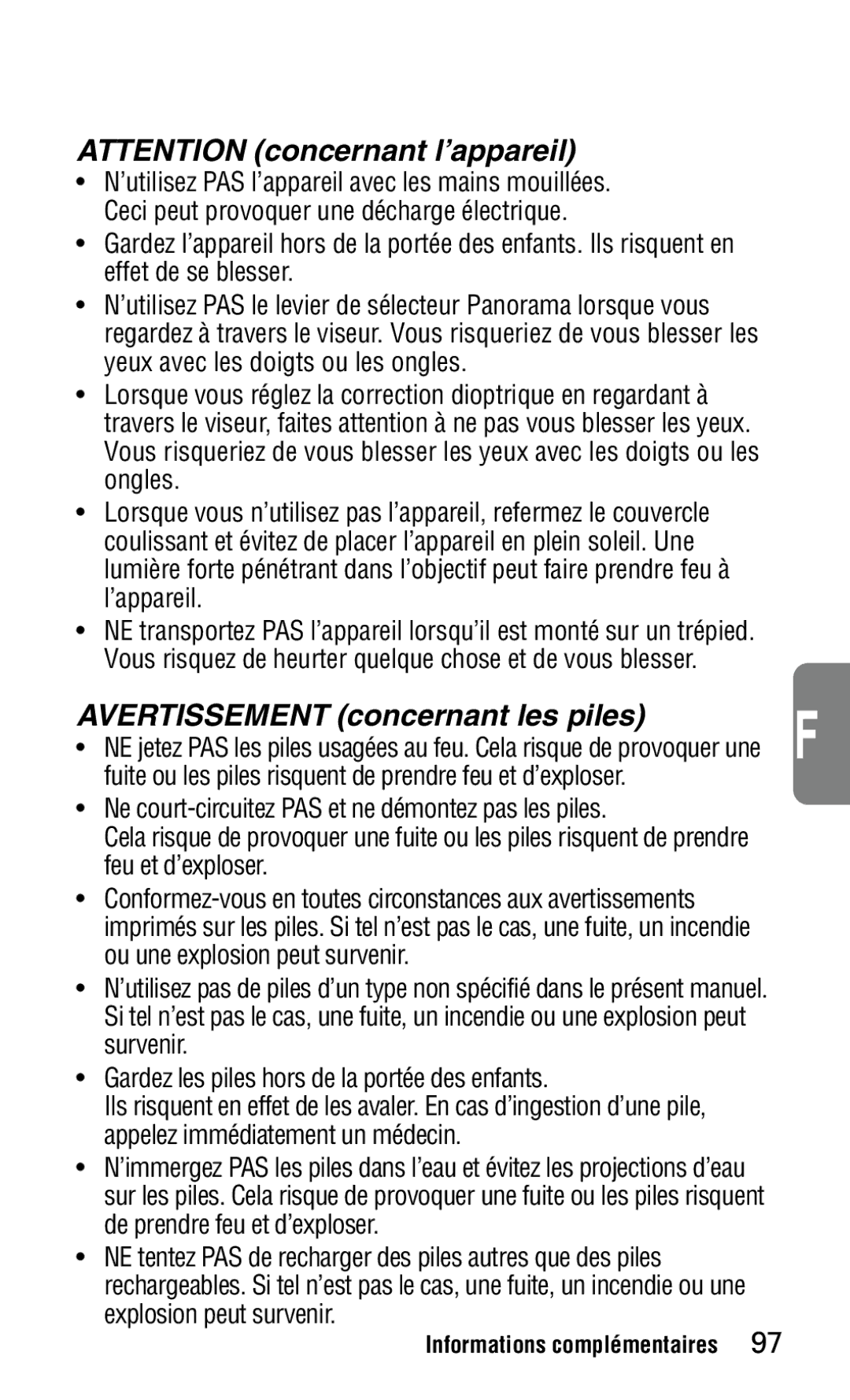 Nikon 140ED instruction manual Avertissement concernant les piles 