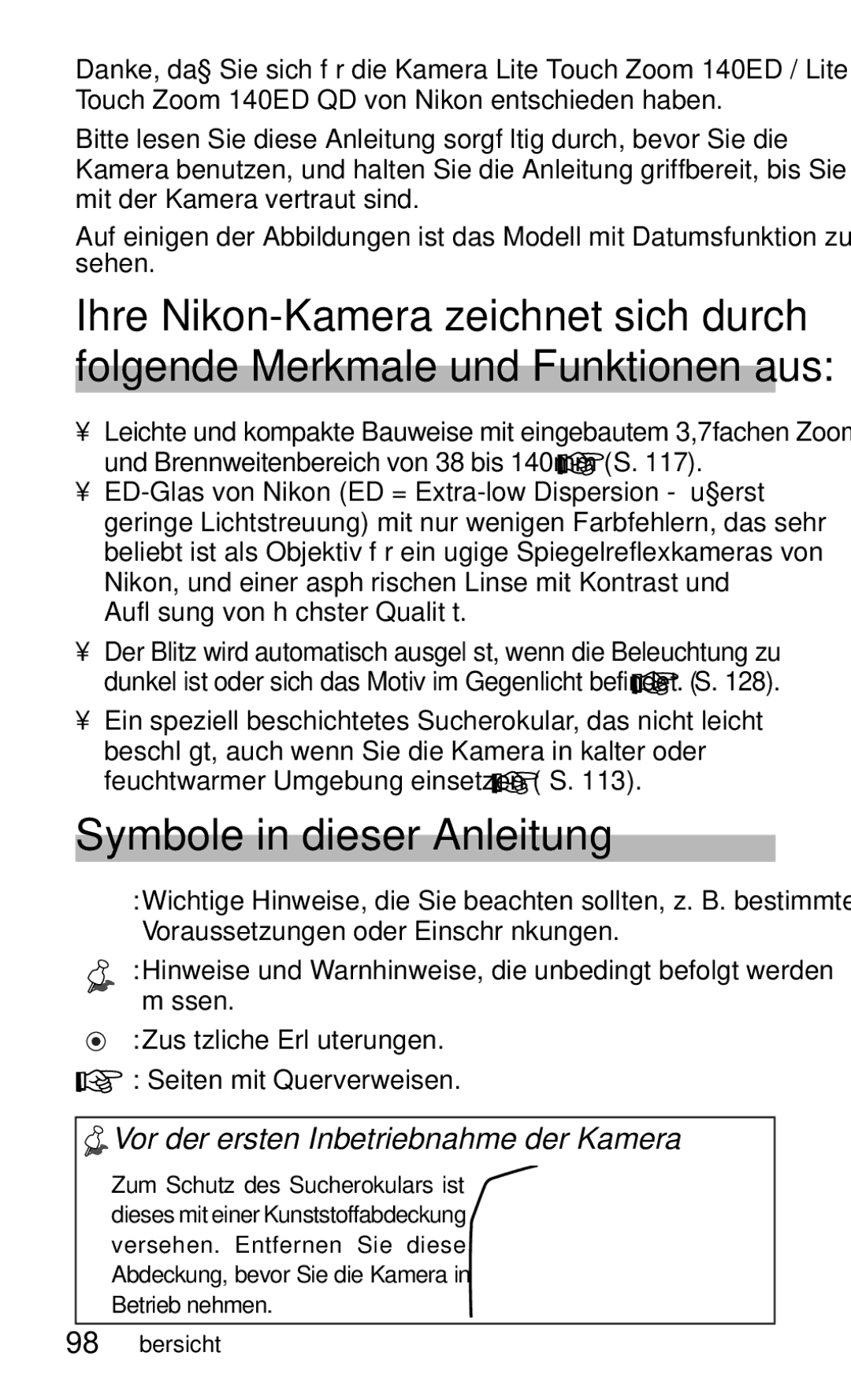 Nikon 140ED Symbole in dieser Anleitung, Vor der ersten Inbetriebnahme der Kamera, Feuchtwarmer Umgebung einsetzen S 