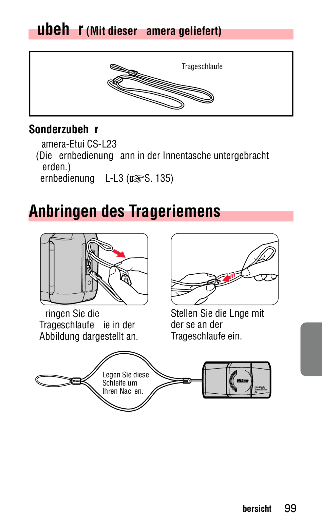 Nikon 140ED instruction manual Anbringen des Trageriemens, Zubehör Mit dieser Kamera geliefert, Sonderzubehör 