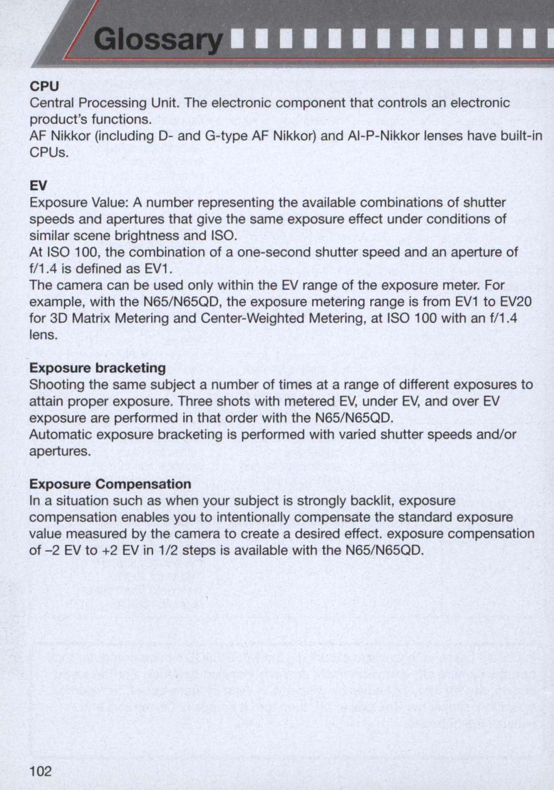 Nikon 1713, 1714 instruction manual Exposure bracketing, Exposure Compensation 