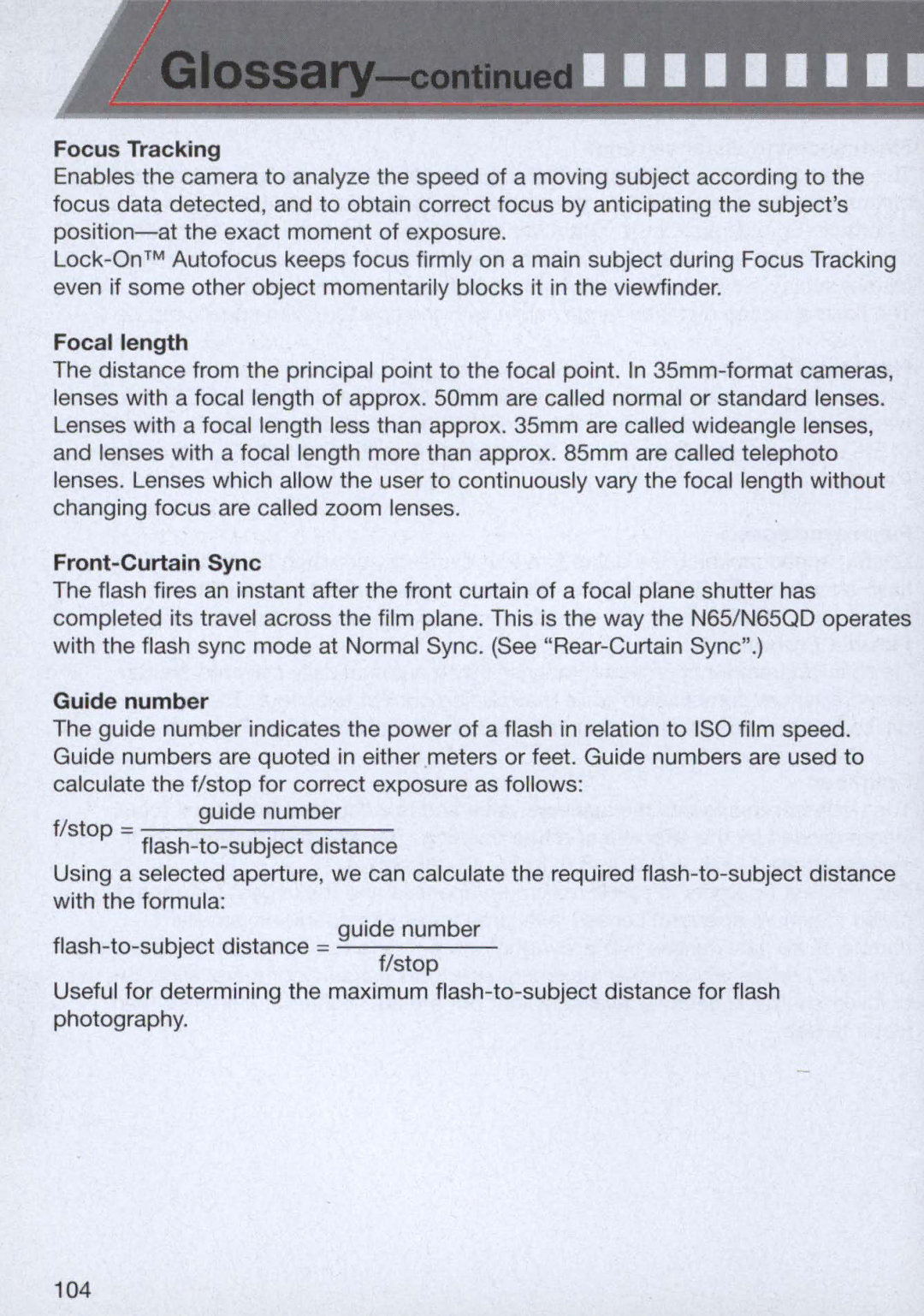 Nikon 1713, 1714 instruction manual Focus Tracking, Focal length, Front-Curtain Sync, Guide number 