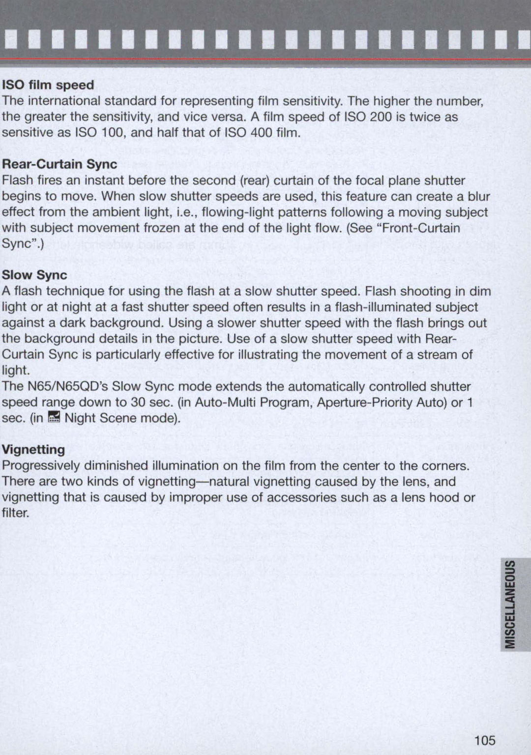 Nikon 1714, 1713 instruction manual ISO film speed, Rear-Curtain Sync, Vignetting 