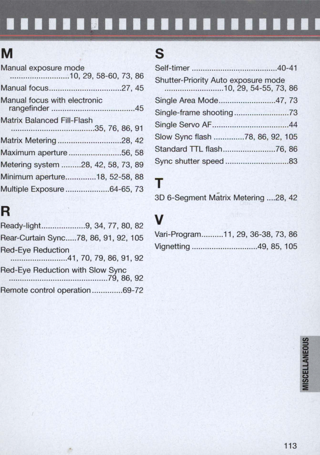 Nikon 1714, 1713 instruction manual Manual exposure mode 10, 29, 58-60 