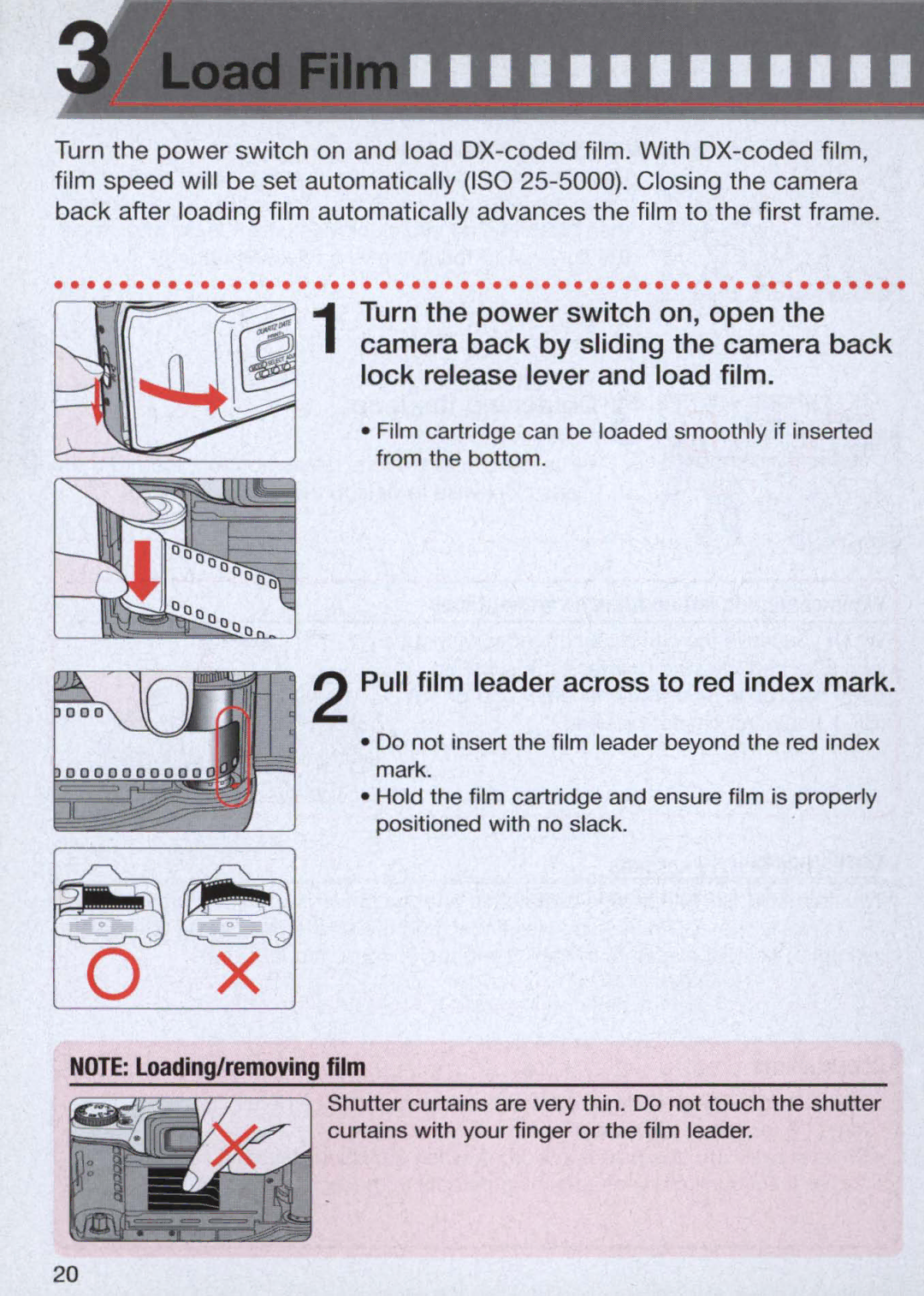 Nikon 1713, 1714 instruction manual Pull film leader across to red index mark 