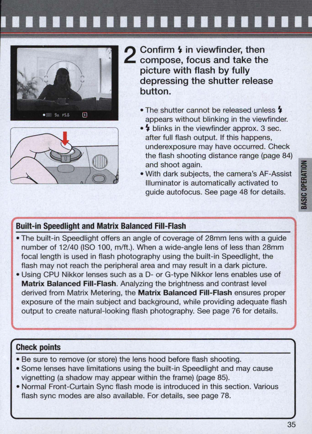 Nikon 1714, 1713 instruction manual Built-in Speedlight and Matrix Balanced Fill-Flash 