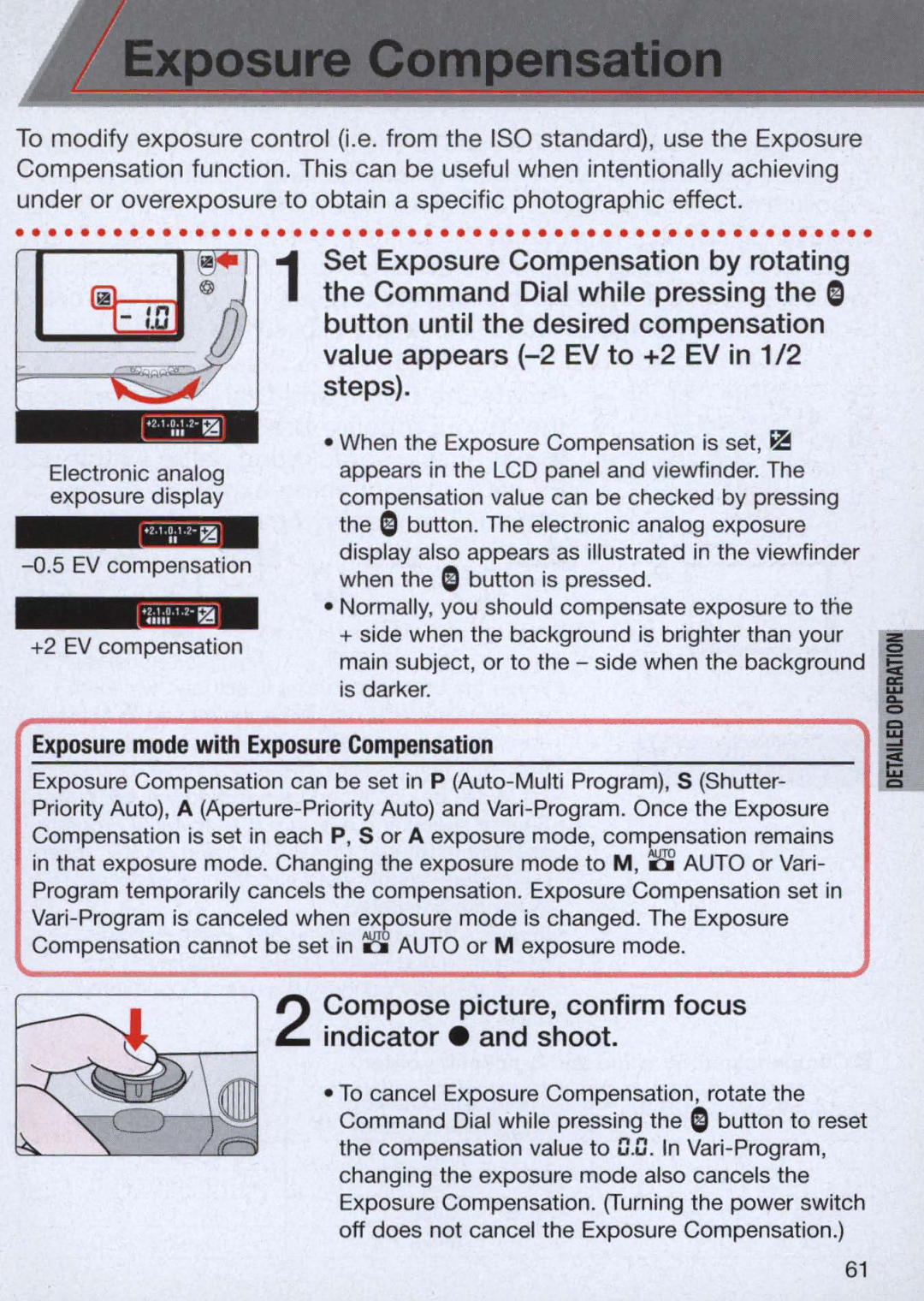 Nikon 1714, 1713 Compose picture, confirm focus indicator. and shoot, Exposure mode with Exposure Compensation 