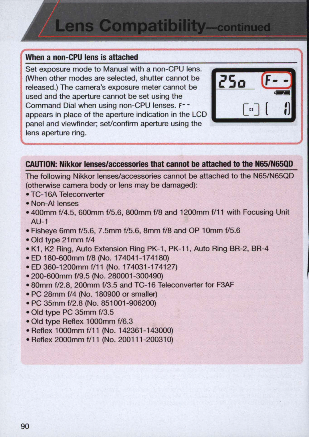 Nikon 1713, 1714 instruction manual CSO f, When a non-CPU lens is attached 