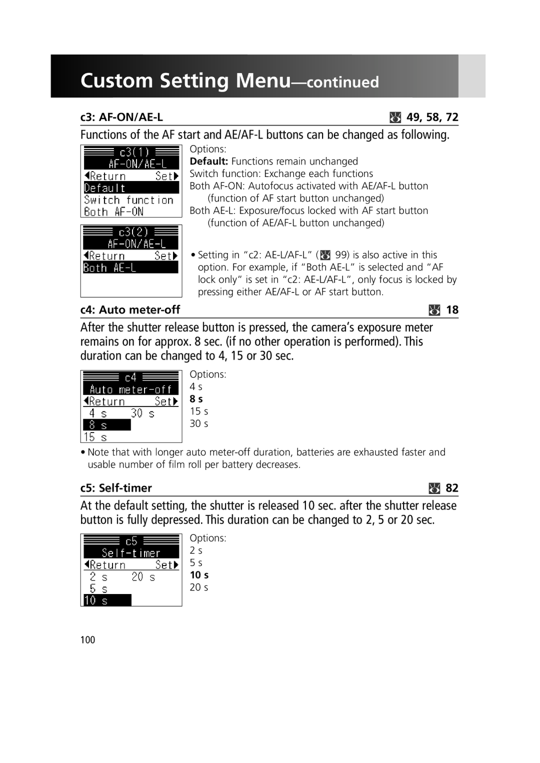 Nikon 1799 instruction manual C3 AF-ON/AE-L 49, 58, C4 Auto meter-off, C5 Self-timer, 10 s 