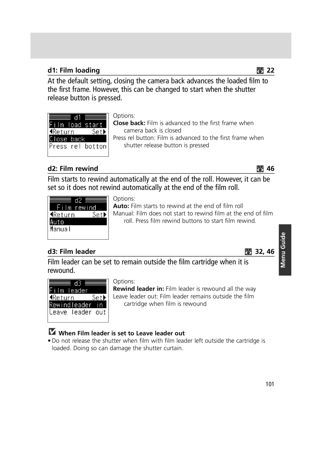 Nikon 1799 instruction manual D1 Film loading, D2 Film rewind, D3 Film leader, When Film leader is set to Leave leader out 