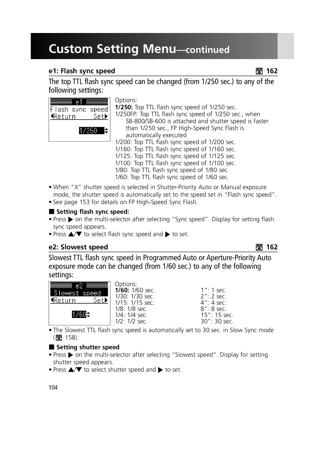 Nikon 1799 E1 Flash sync speed 162, E2 Slowest speed 162, Setting flash sync speed, Setting shutter speed 