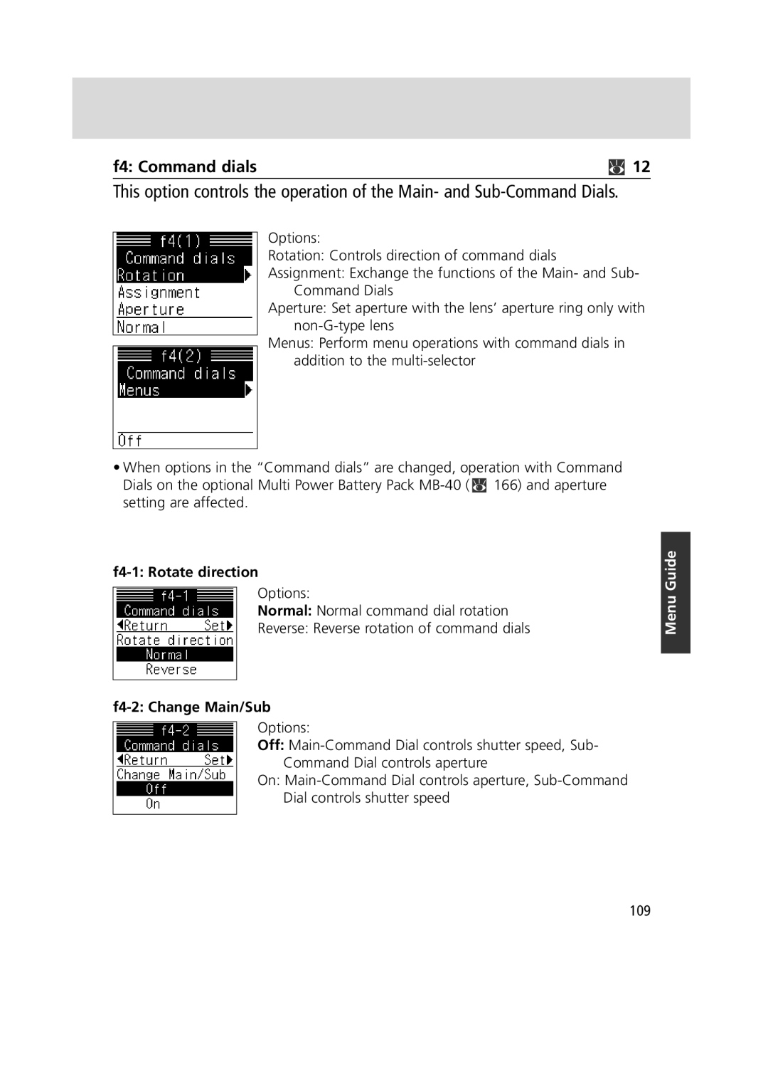 Nikon 1799 instruction manual F4 Command dials, F4-1 Rotate direction, F4-2 Change Main/Sub 