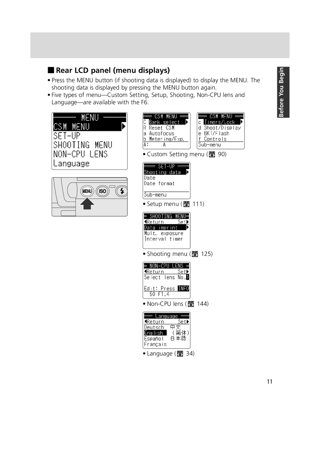 Nikon 1799 instruction manual Rear LCD panel menu displays 