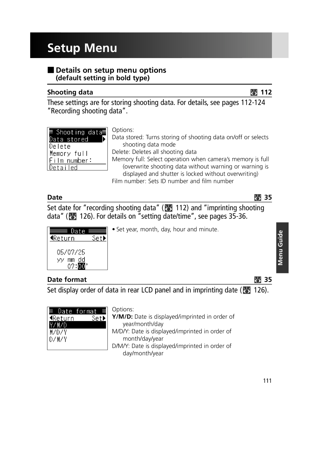 Nikon 1799 Setup Menu, Details on setup menu options, Default setting in bold type Shooting data 112, Date format 