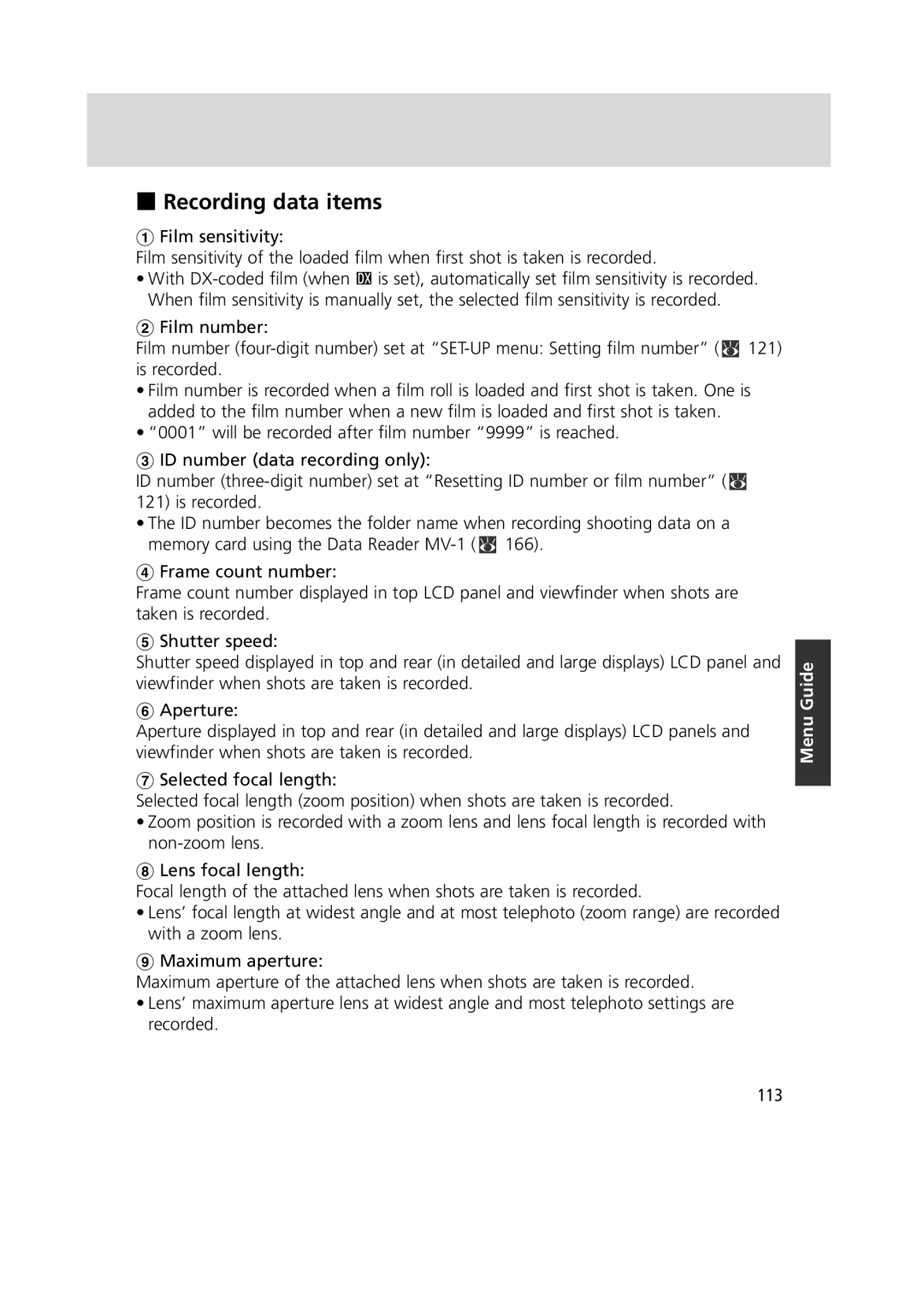 Nikon 1799 instruction manual Recording data items, 113 