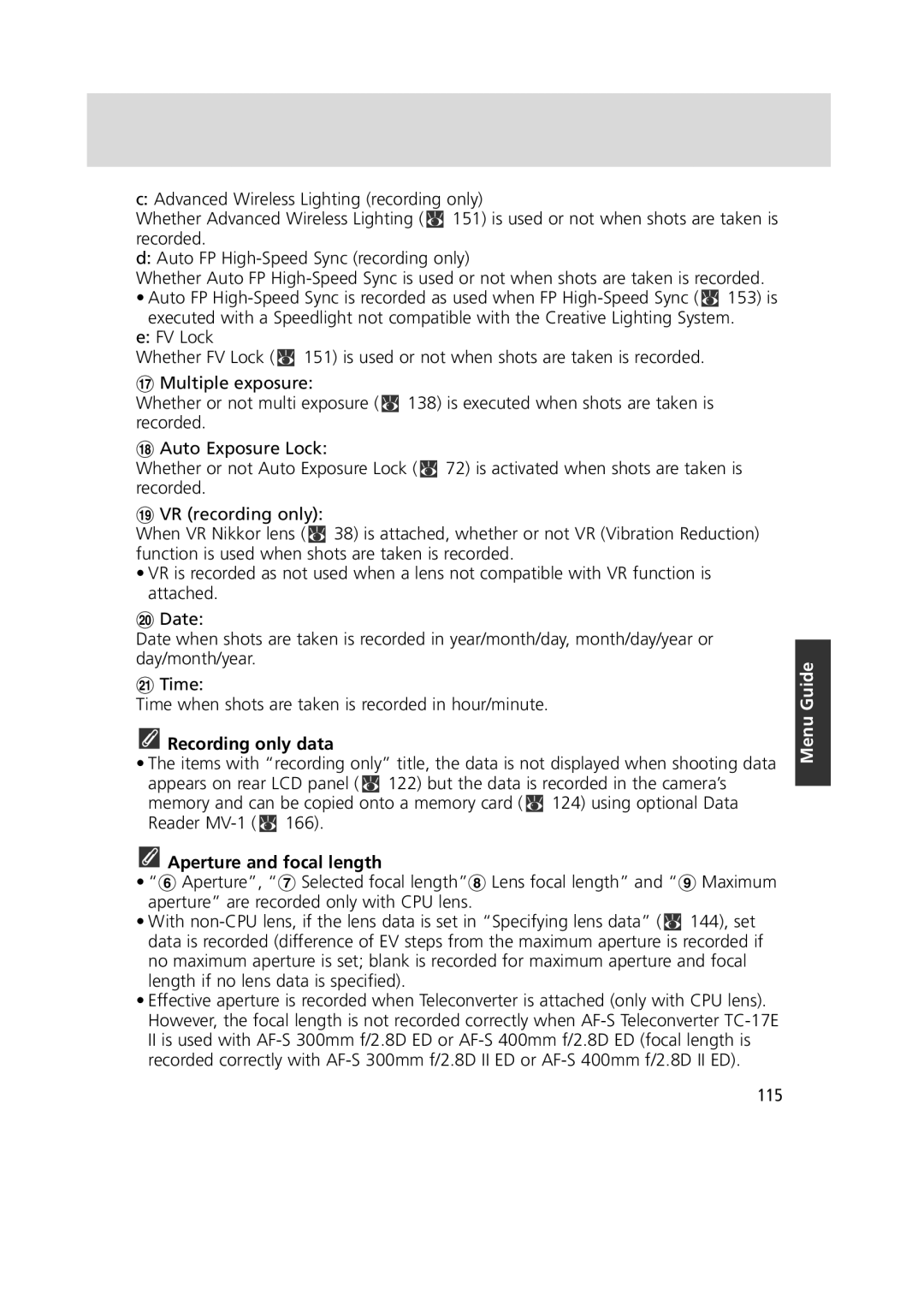 Nikon 1799 instruction manual Recording only data, Aperture and focal length, 115 