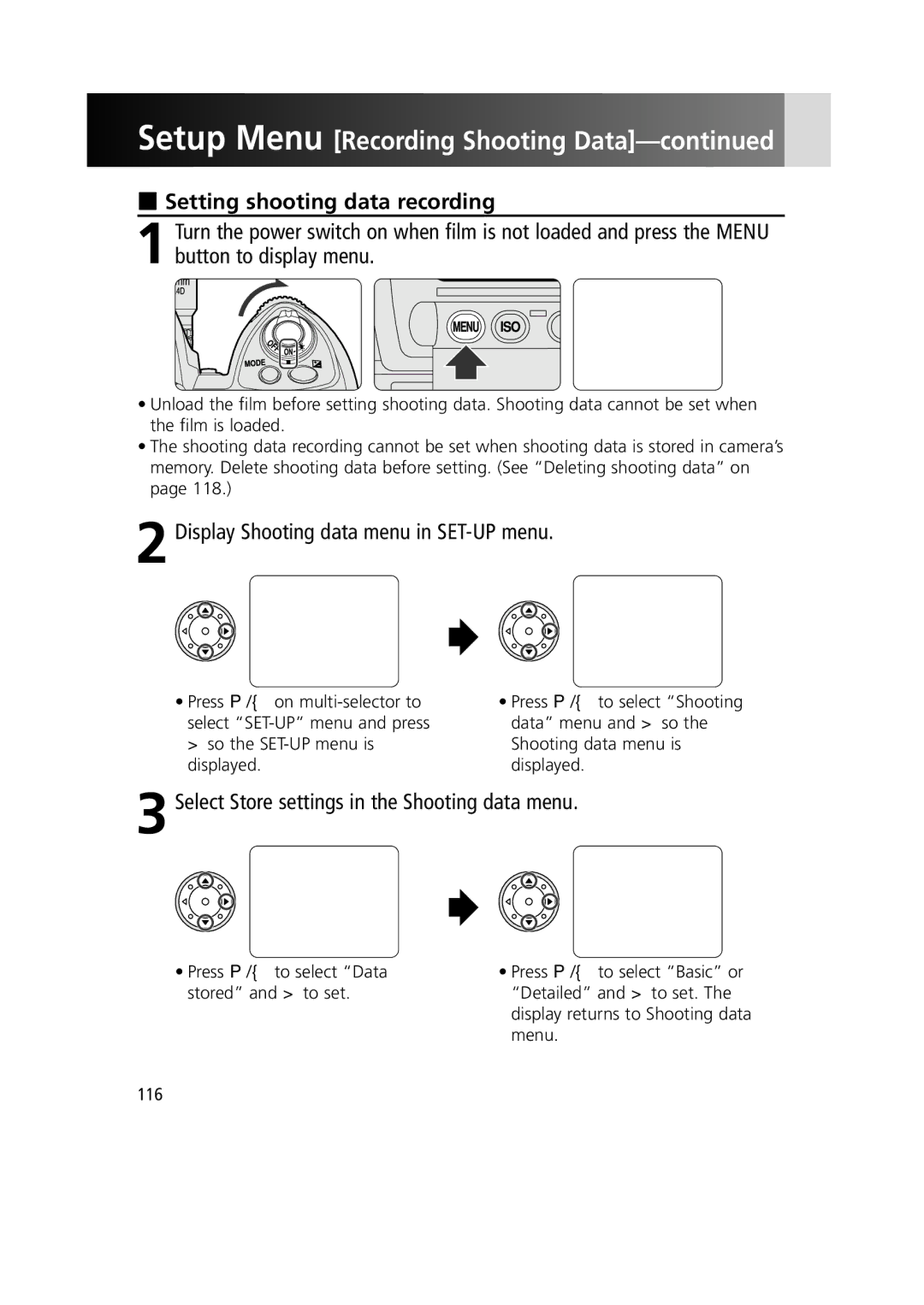 Nikon 1799 instruction manual Setting shooting data recording, Display Shooting data menu in SET-UP menu, Menu, 116 