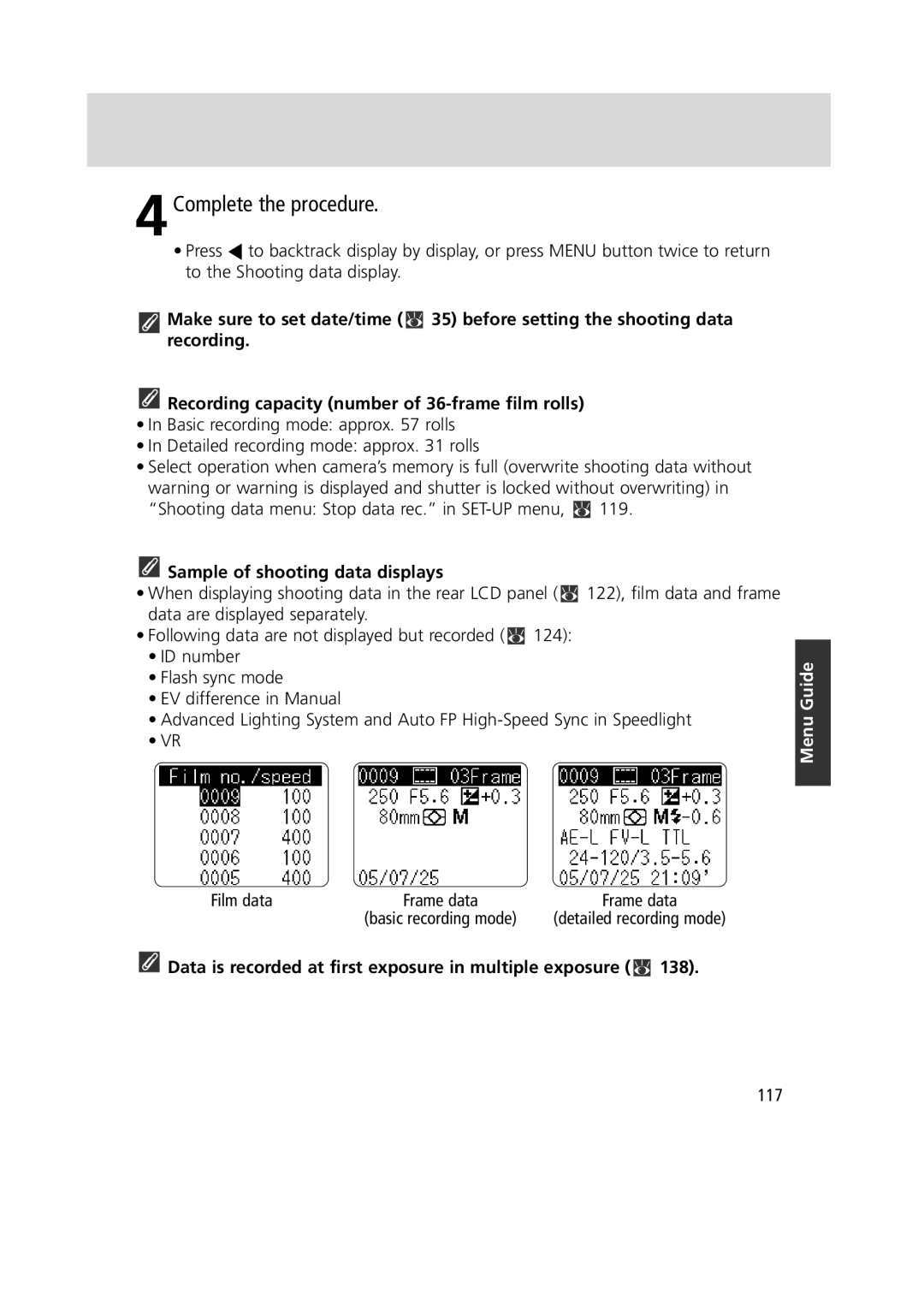 Nikon 1799 instruction manual 4Complete the procedure, Sample of shooting data displays, Film data, 117 