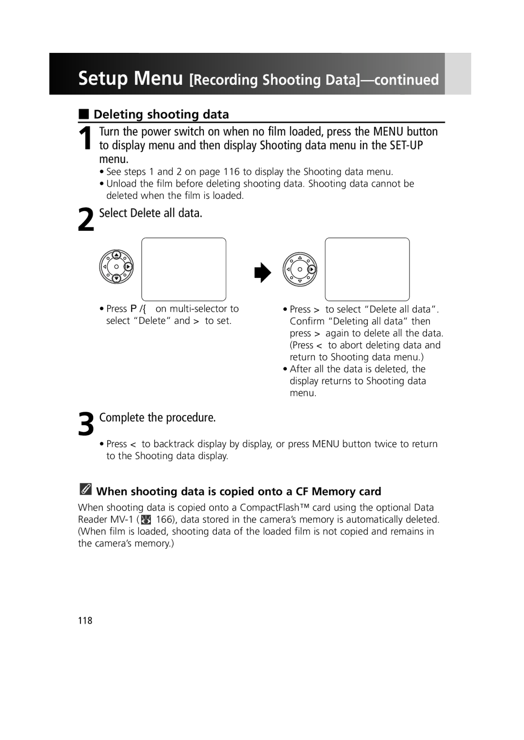 Nikon 1799 Deleting shooting data, Select Delete all data, When shooting data is copied onto a CF Memory card 