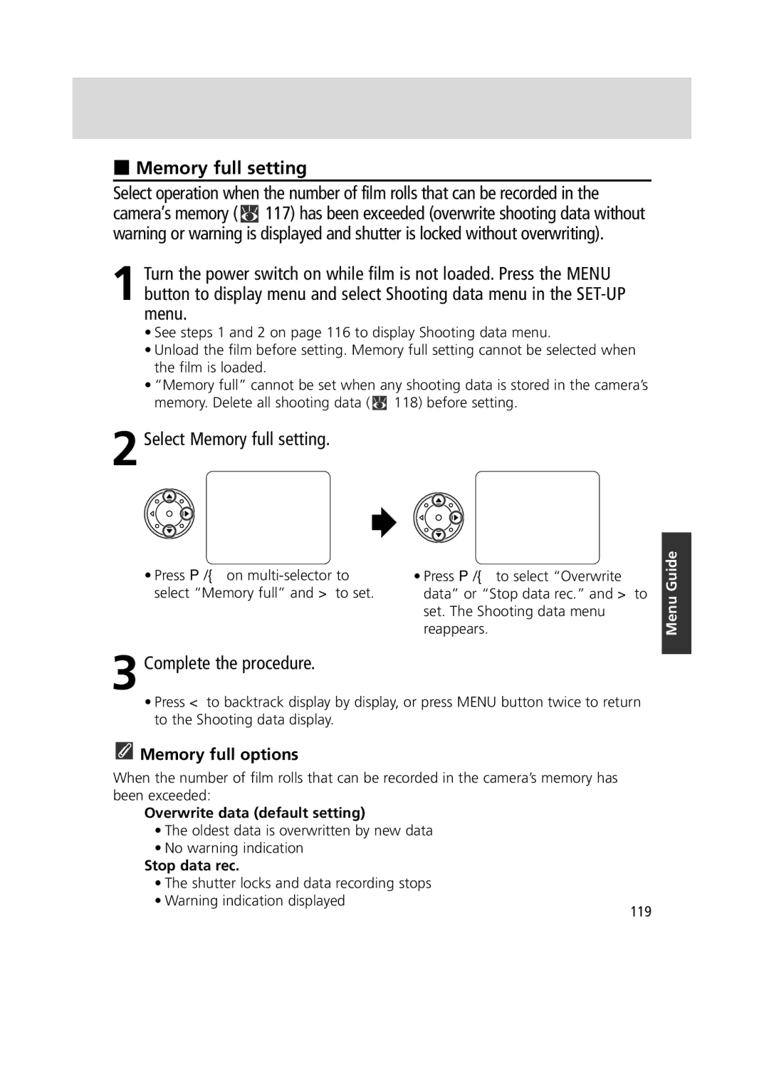 Nikon 1799 Select Memory full setting, Memory full options, Overwrite data default setting, Stop data rec 