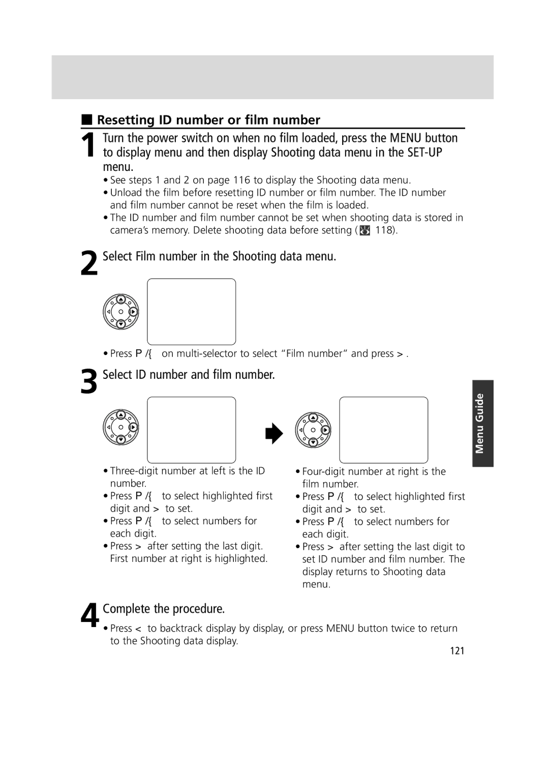 Nikon 1799 instruction manual Resetting ID number or film number, Select Film number in the Shooting data menu 