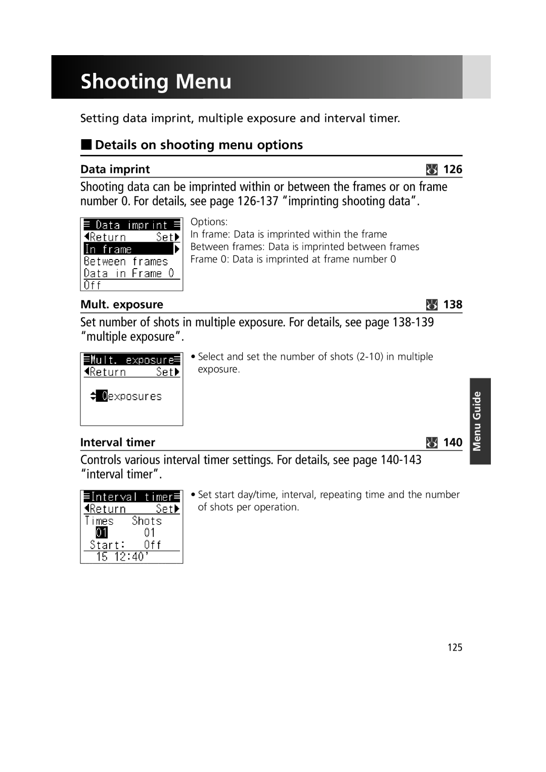 Nikon 1799 Shooting Menu, Details on shooting menu options, Data imprint 126, Mult. exposure 138, Interval timer 140 