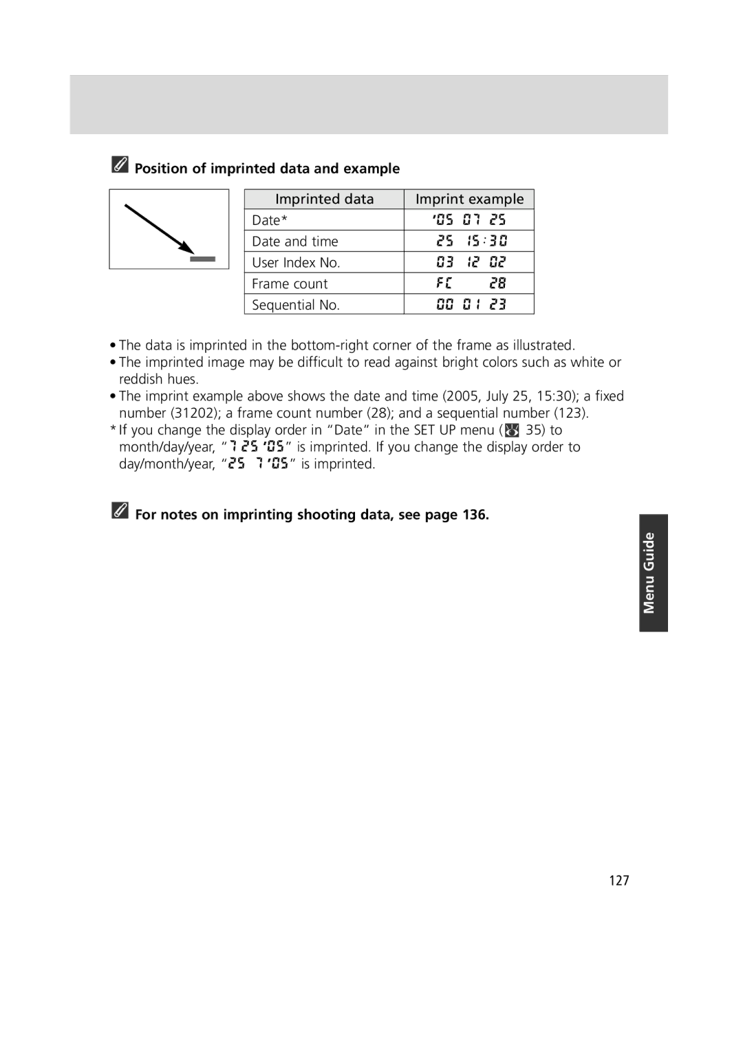 Nikon 1799 Position of imprinted data and example, Imprinted data Imprint example Date, Sequential No, 127 