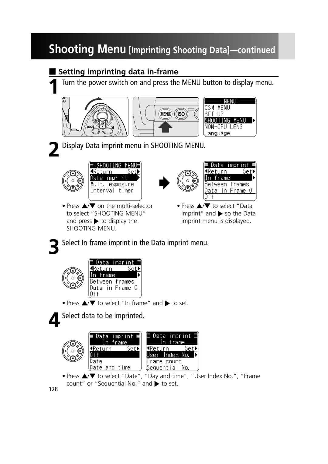 Nikon 1799 Setting imprinting data in-frame, Display Data imprint menu in Shooting Menu, 4Select data to be imprinted 