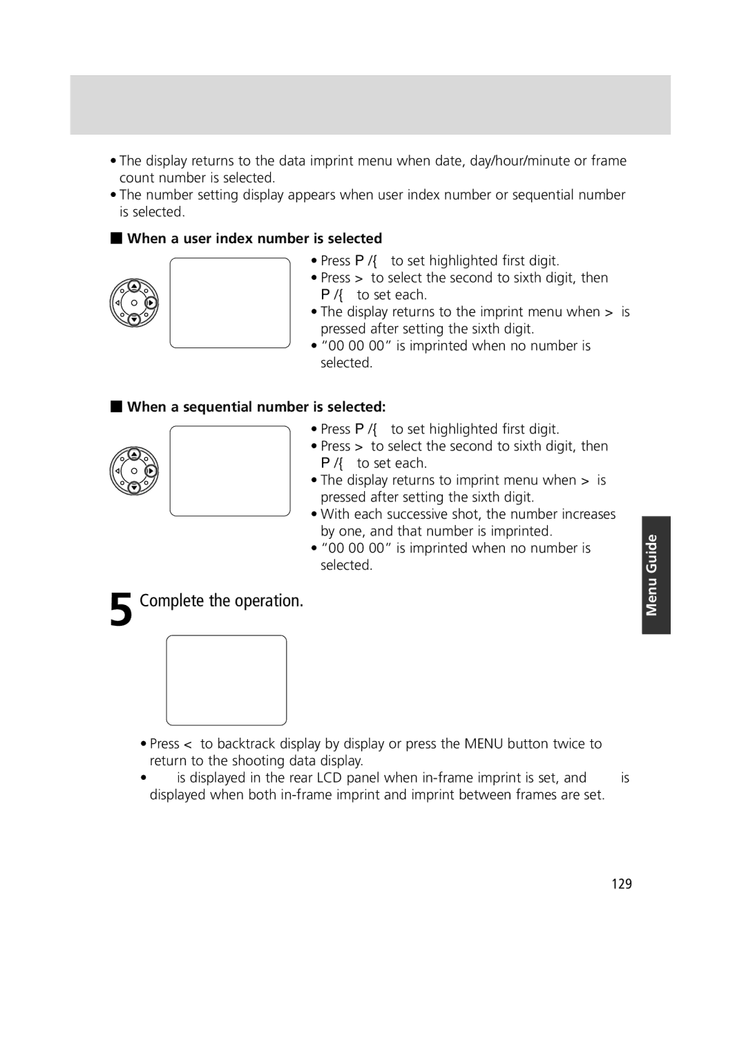 Nikon 1799 Complete the operation, When a user index number is selected, When a sequential number is selected, 129 