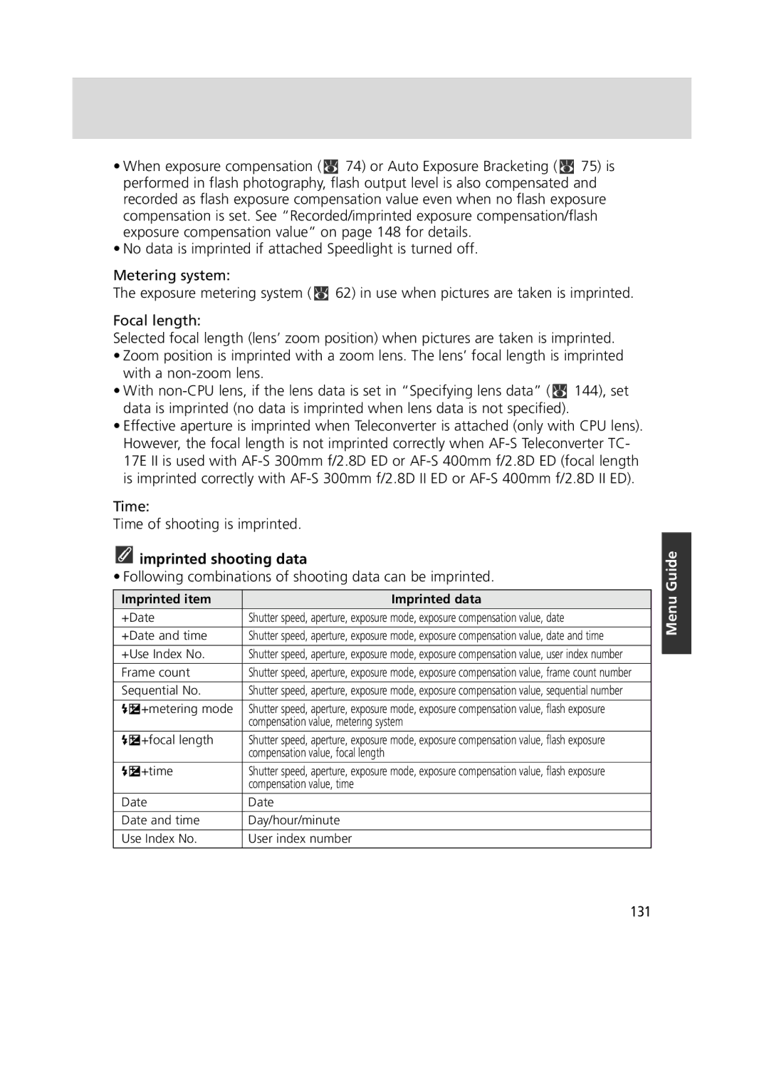 Nikon 1799 instruction manual Time Time of shooting is imprinted, Imprinted shooting data, 131 