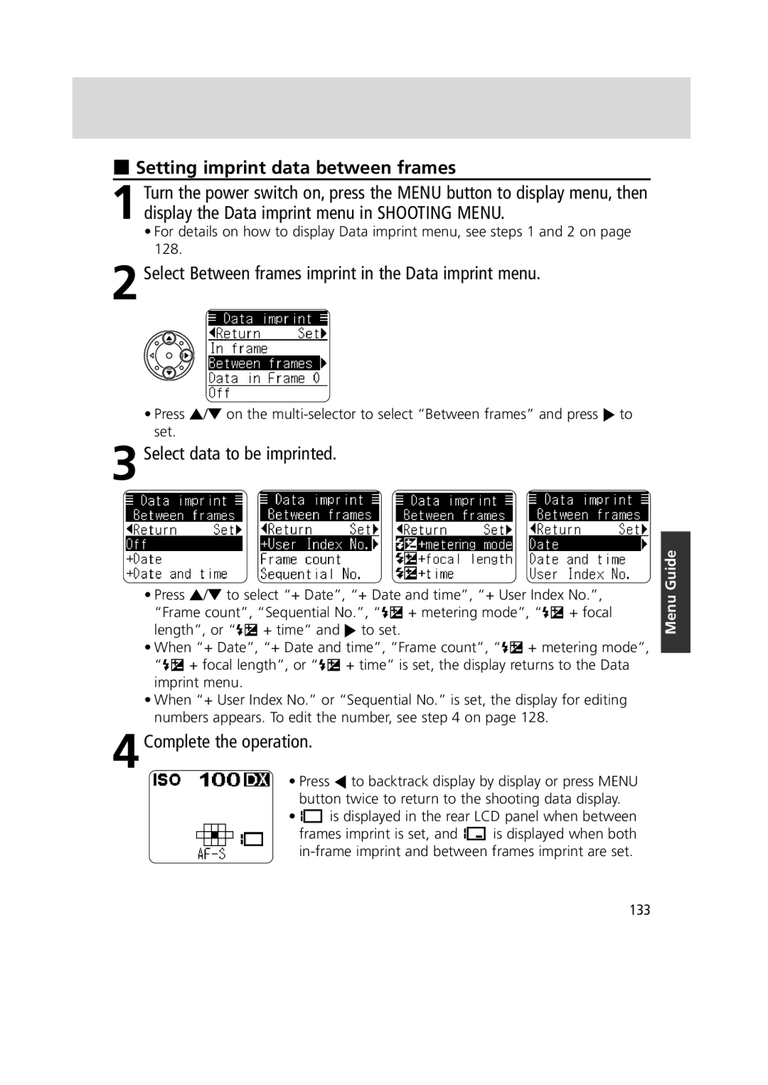 Nikon 1799 instruction manual Setting imprint data between frames, Select Between frames imprint in the Data imprint menu 