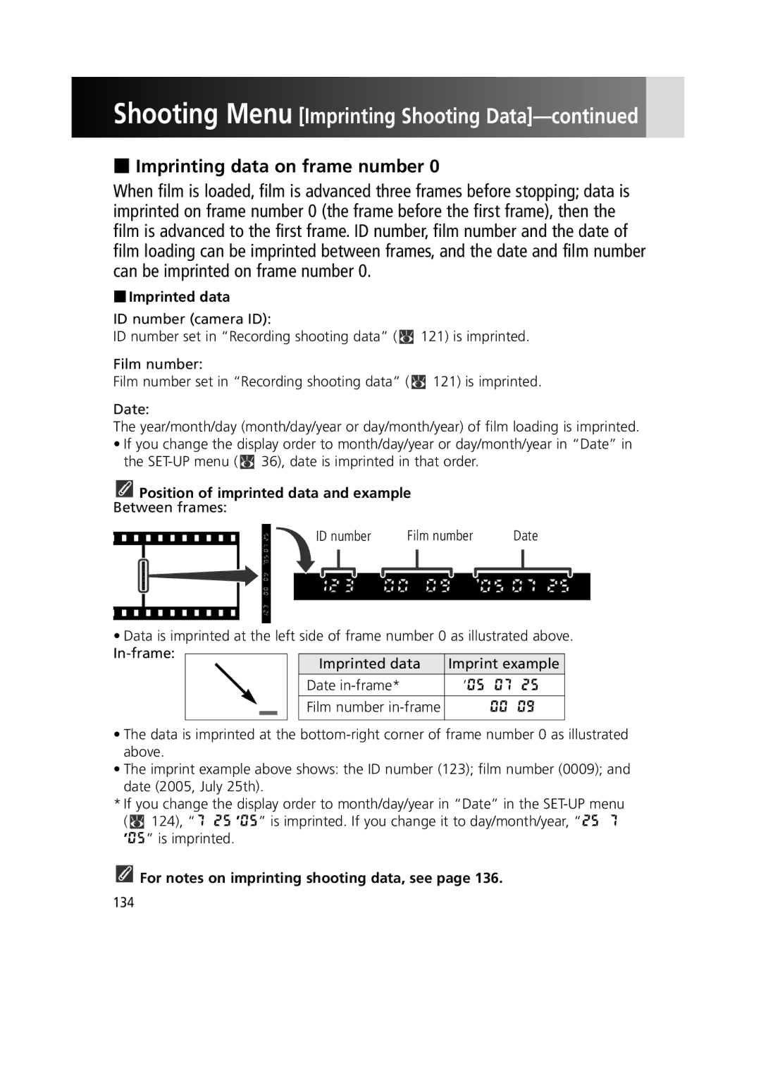 Nikon 1799 instruction manual Imprinting data on frame number, Between frames ID number Film number, 134 