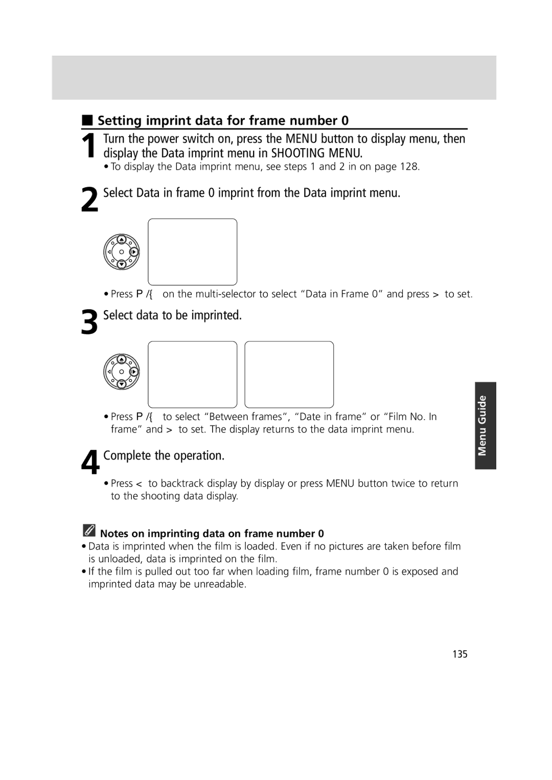 Nikon 1799 Setting imprint data for frame number, Select Data in frame 0 imprint from the Data imprint menu, 135 