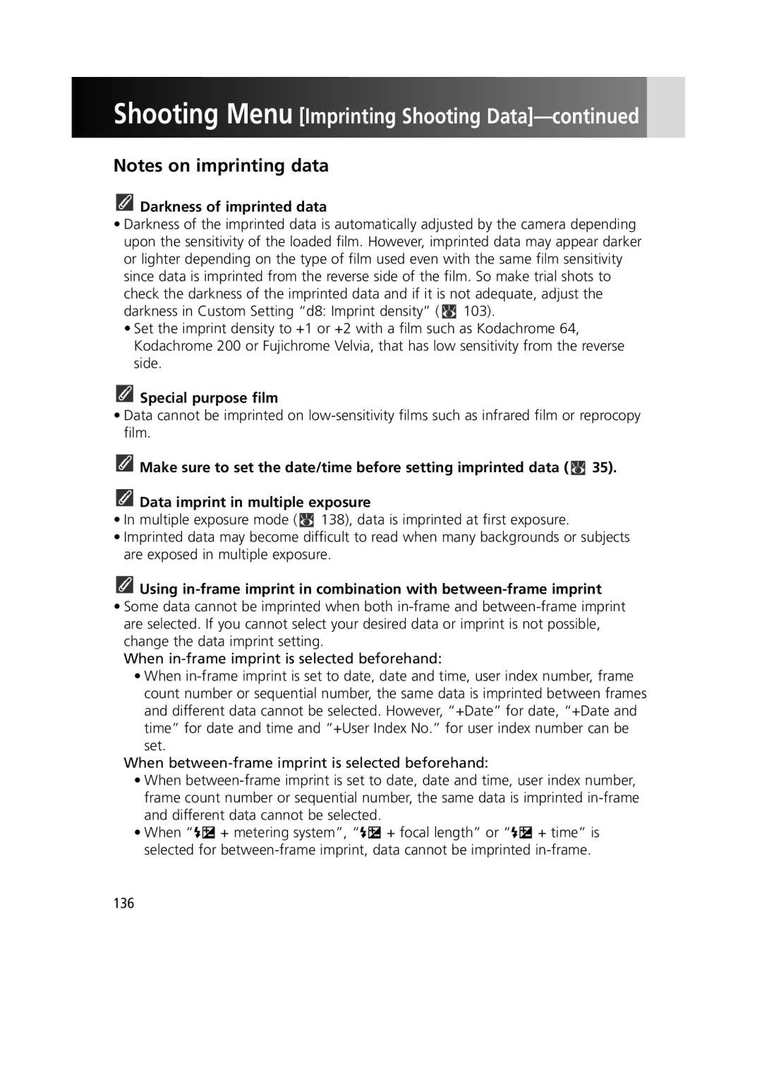 Nikon 1799 instruction manual Darkness of imprinted data, Special purpose film 