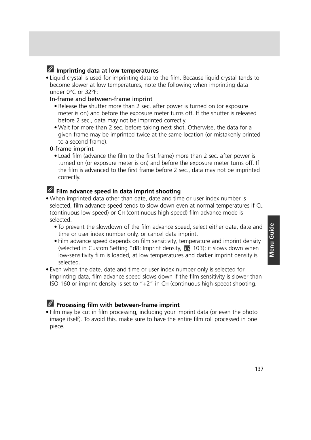 Nikon 1799 instruction manual Imprinting data at low temperatures, Film advance speed in data imprint shooting, 137 