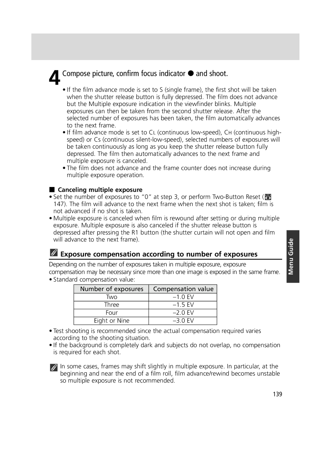 Nikon 1799 4Compose picture, confirm focus indicator / and shoot, Exposure compensation according to number of exposures 